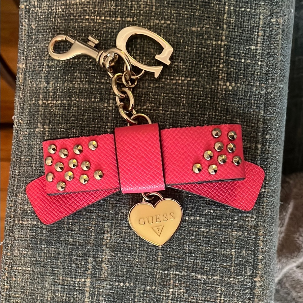 GUESS Pink Bow Keychain with Gold Accents